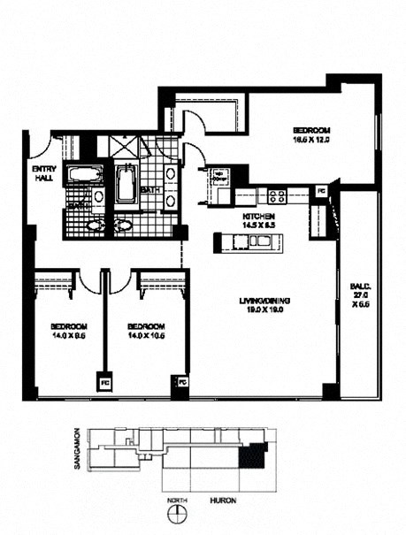 Floor plan for 3 beds, 2 baths, 1637 sqft